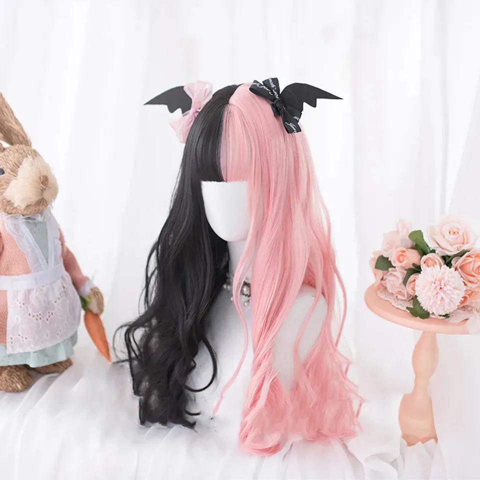Harajuku Japanese Lolita long curly black and pink wig with bangs for cosplay.