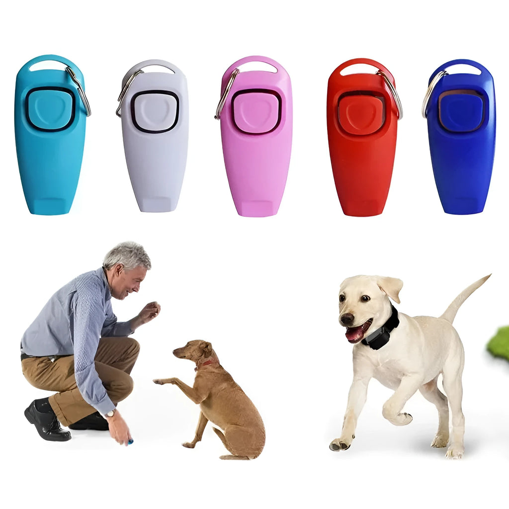 Pet training clicker and whistle set with key ring in orange, white, and blue plastic on a wooden table