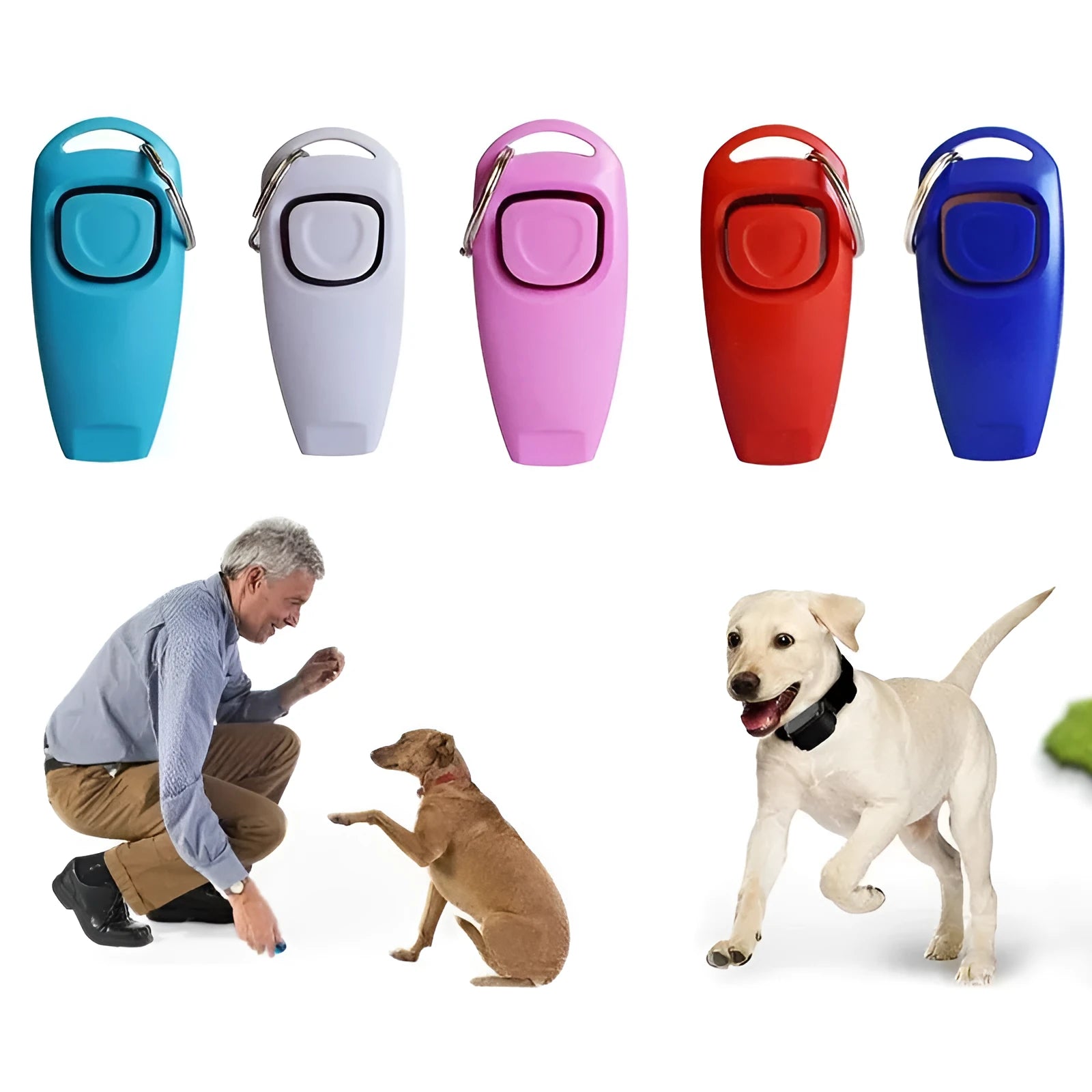 Pet training clicker and whistle set with key ring in orange, white, and blue plastic on a wooden table