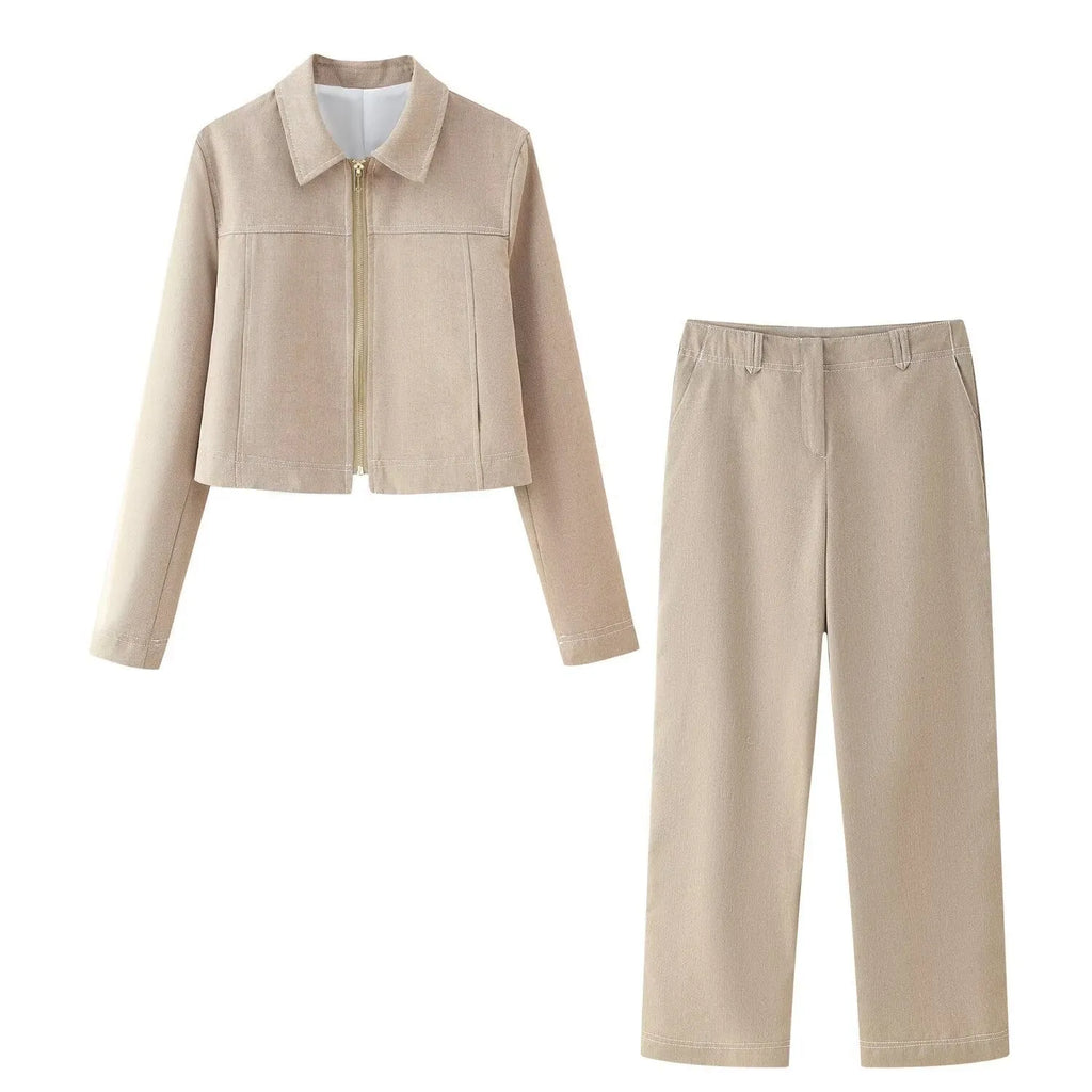 Women's herringbone pattern casual suit set with long sleeve jacket and straight-leg trousers