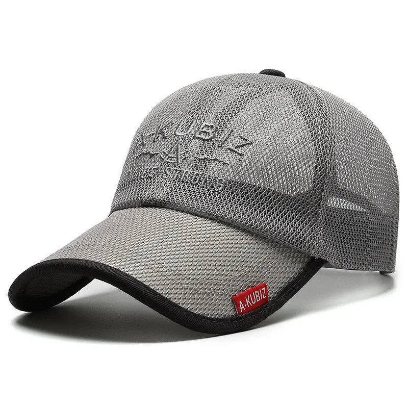 Men's adjustable mesh baseball cap in army green colour showing dome crown and adjustable strap