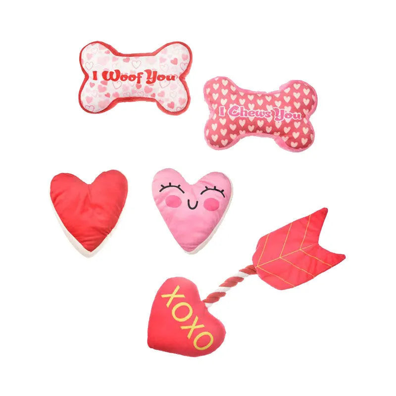 Soft plush dog chew toy with a squeaker, in a choice of bone and heart-themed colours.