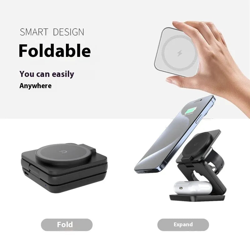 White foldable magnetic wireless charger and phone holder on a desk