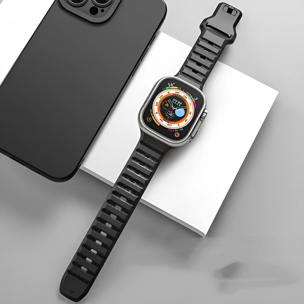 Fluoro rubber watch strap with T-buckle for Apple Watch Ultra and Series models in multiple colours.
