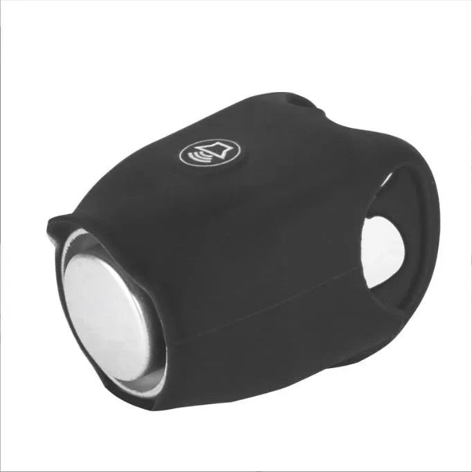 Black electronic bicycle horn with button, mounted on a bicycle handlebar.