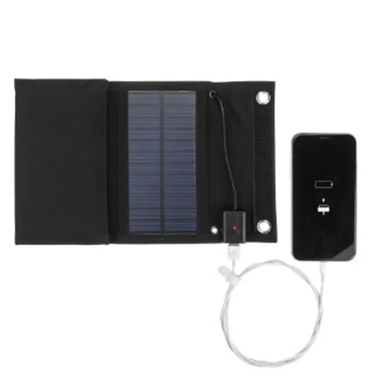 30W foldable solar charger with SunPower cells and dual USB outputs on camouflage fabric surface