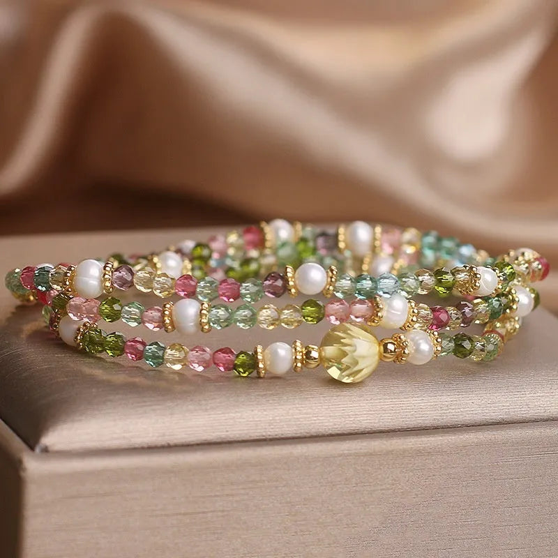 Natural grain of rice tourmaline multi-layer crystal bracelet with three circles of small beads for women