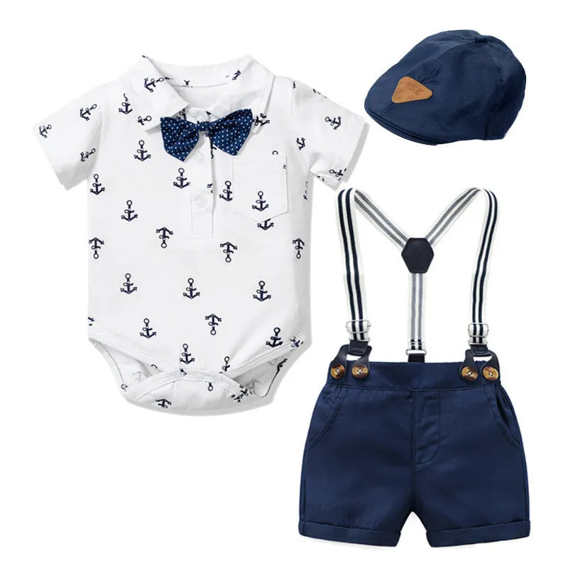 Cotton triangle romper for baby boys in blue or white with short sleeves and gentleman styling