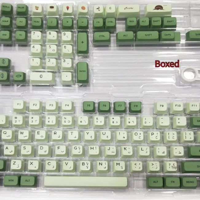 Set of 124 matcha green PBT keycaps with white legends for a mechanical keyboard