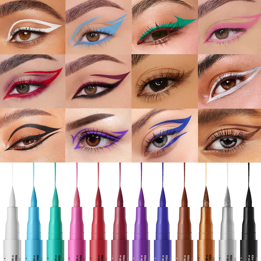 Twelve matte liquid eyeliners in different colours including white, gold, purple, brown, blue, and iron gray