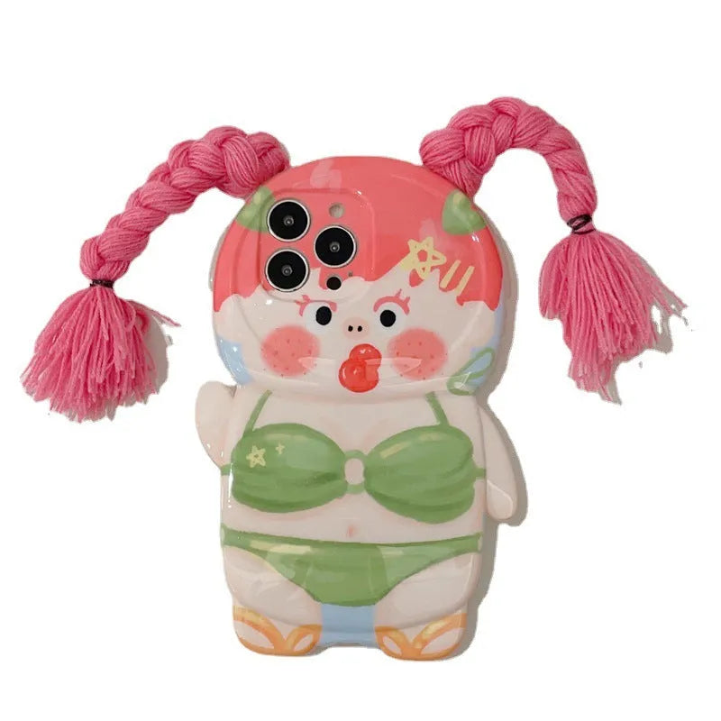 Pink and green summer braid swimsuit girl cartoon design silicone iPhone case