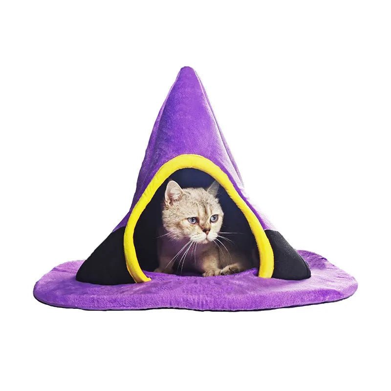Purple cloth Halloween witch hat shaped cat bed for small cats.