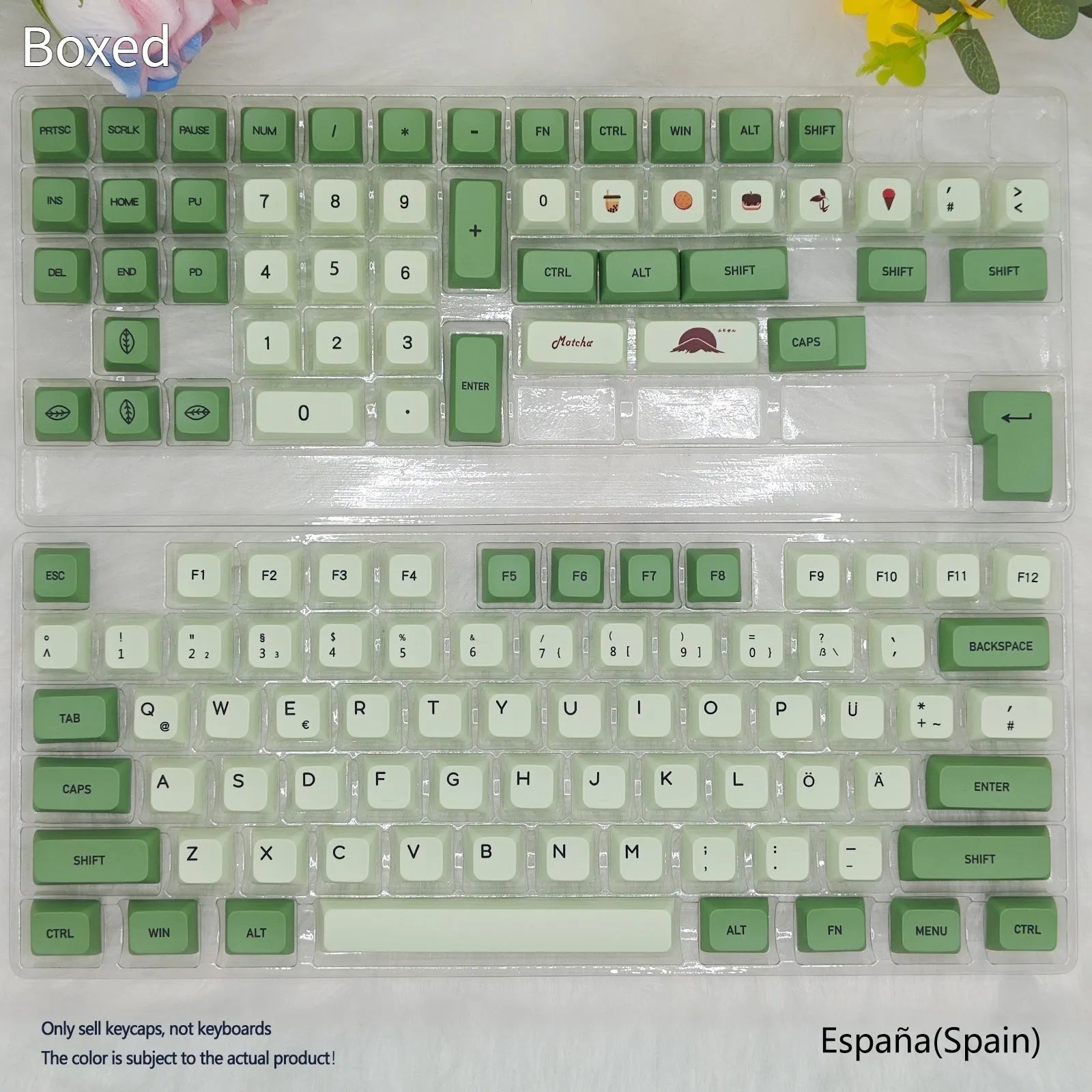 Set of 124 matcha green PBT keycaps with white legends for a mechanical keyboard