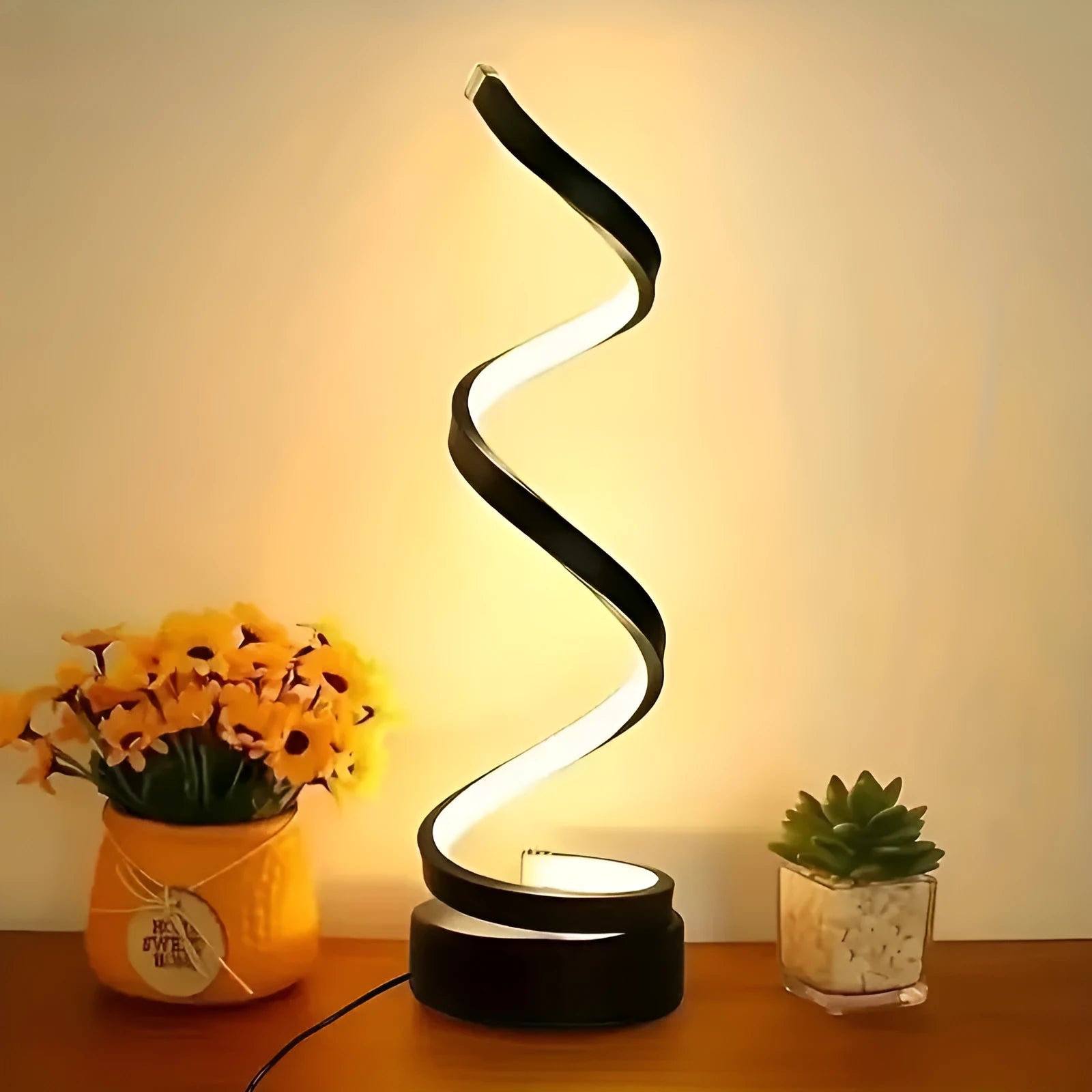 USB powered spiral LED desk lamp in black, compact adjustable design for desk use