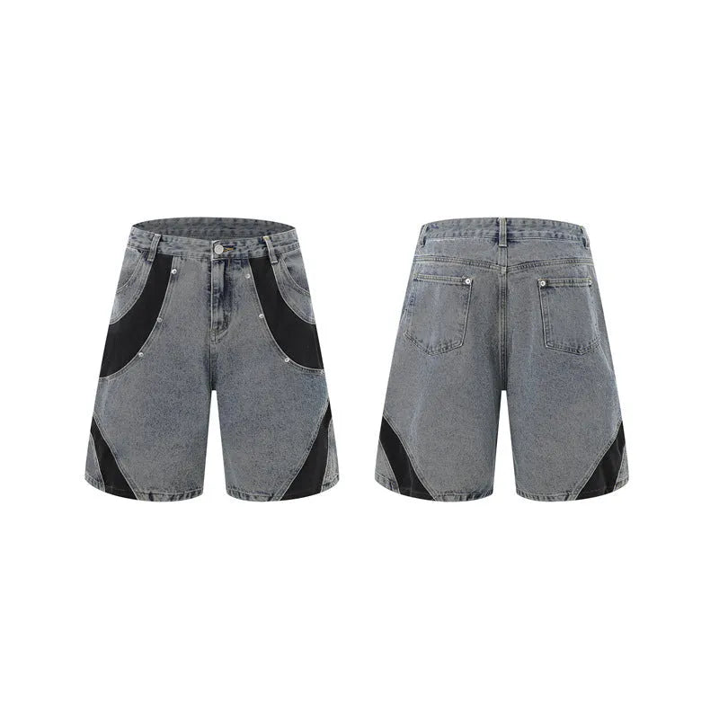 Retro washed blue denim short-sleeve jacket and matching trousers suit set on a hanger