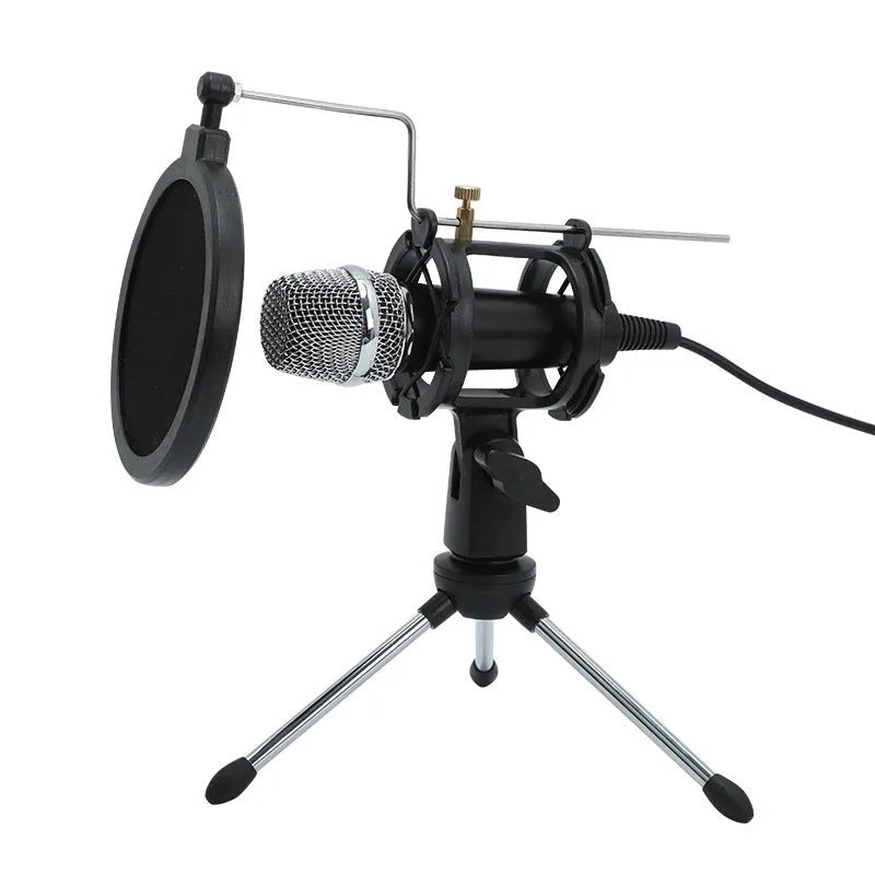 Black condenser microphone on adjustable aluminium stand with USB and 3.5mm cables for computer and mobile streaming