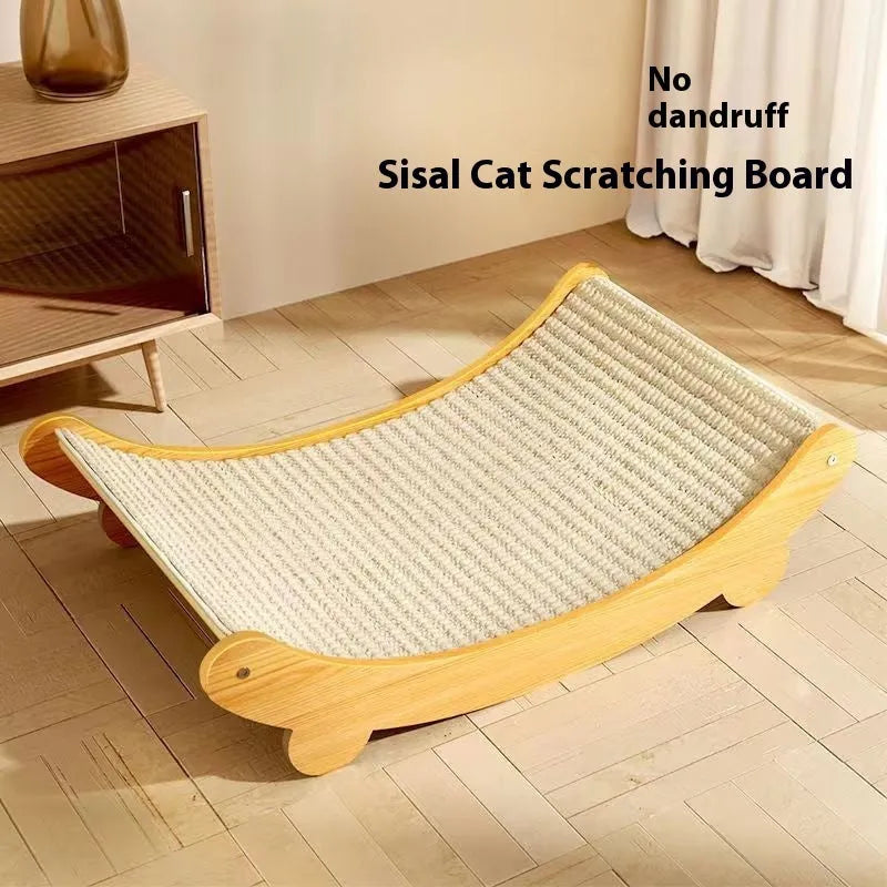 A pastoral-style cat scratch board with a woven sisal blanket scratching surface, shown in small and large size options.