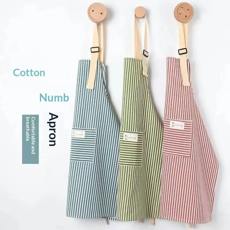 Linen stripe apron in green, one size, anti-stain kitchen apron for household chores