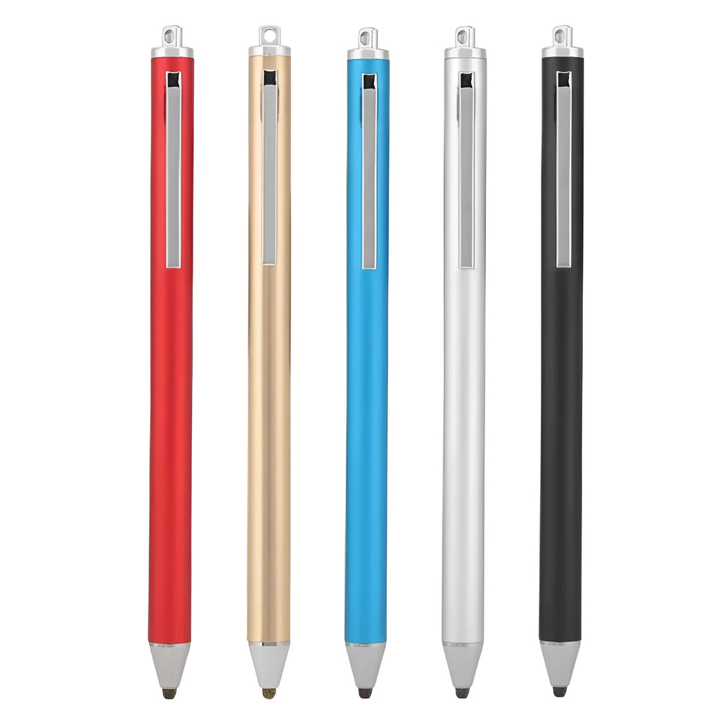 Metal shell stylus with a fine tip for touch screen phones and tablets, shown in multiple colours.