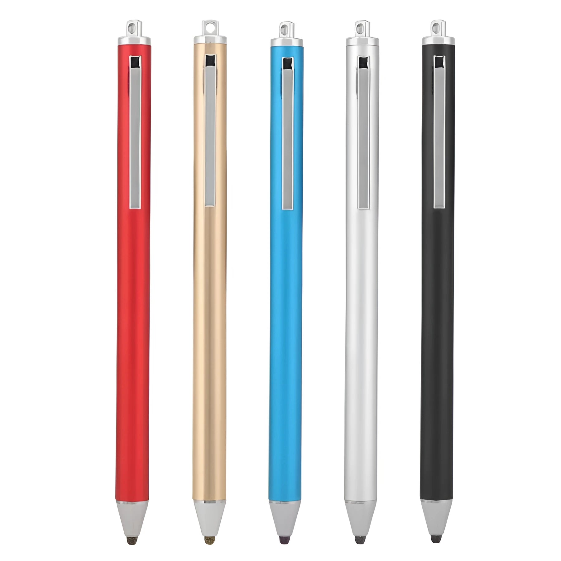 Metal shell stylus with a fine tip for touch screen phones and tablets, shown in multiple colours.