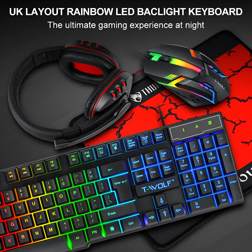 Thunder Wolf wired keyboard and mouse set with headset and mouse pad on desk