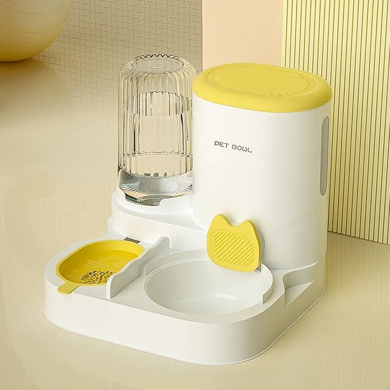 Automatic cat food and water fountain with integrated double stainless steel bowls in avocado green.