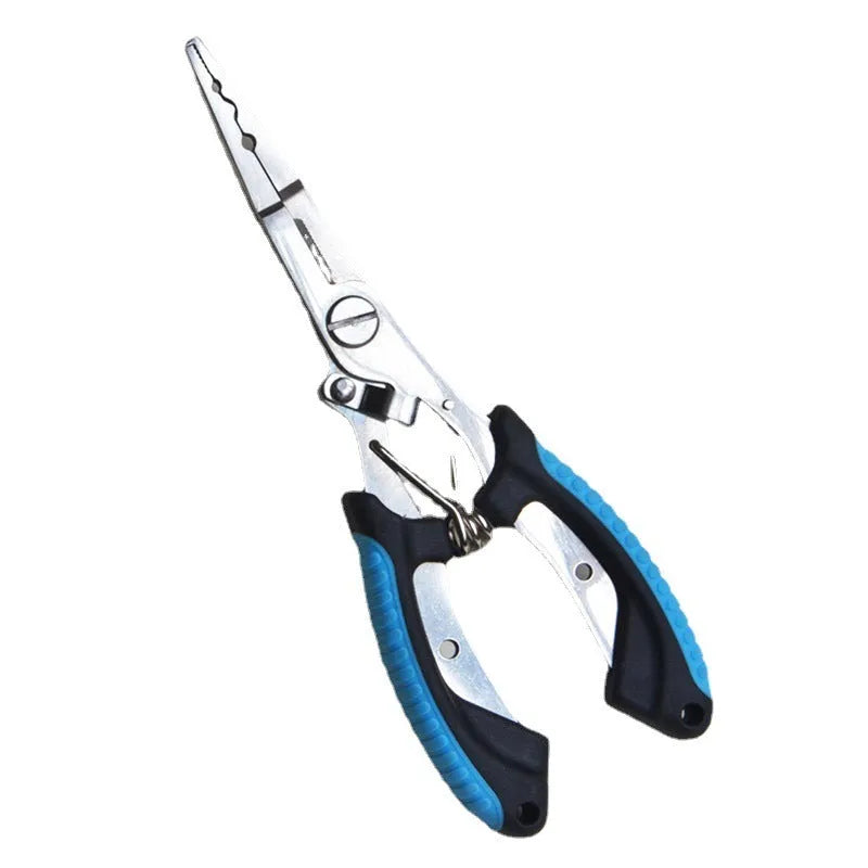 Medium stainless steel fishing pliers with a blue plastic handle, shown with a nylon carry bag and strap.