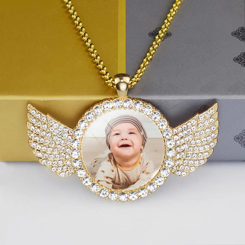 Custom photo angel wings pendant necklace, copper and zircon medallion 68mm x 53mm x 3mm with twist or tennis chain