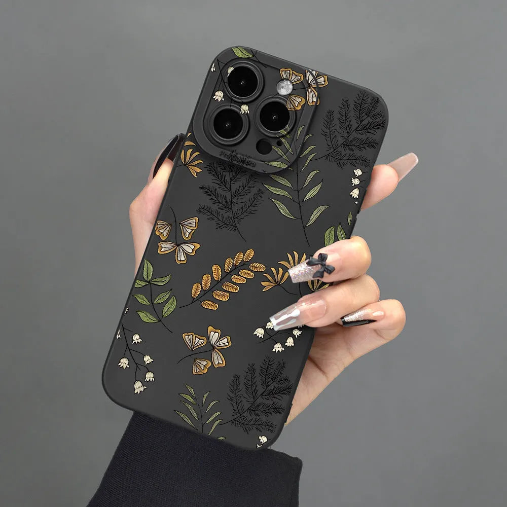 TPU soft shell phone case with leaf pattern in black for iPhone model