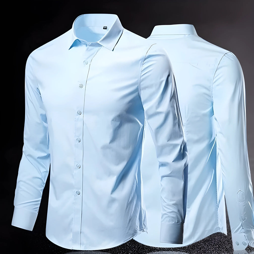 Long-sleeve linen shirt in a slim loose fit on a hanger, shown in a navy blue colour.