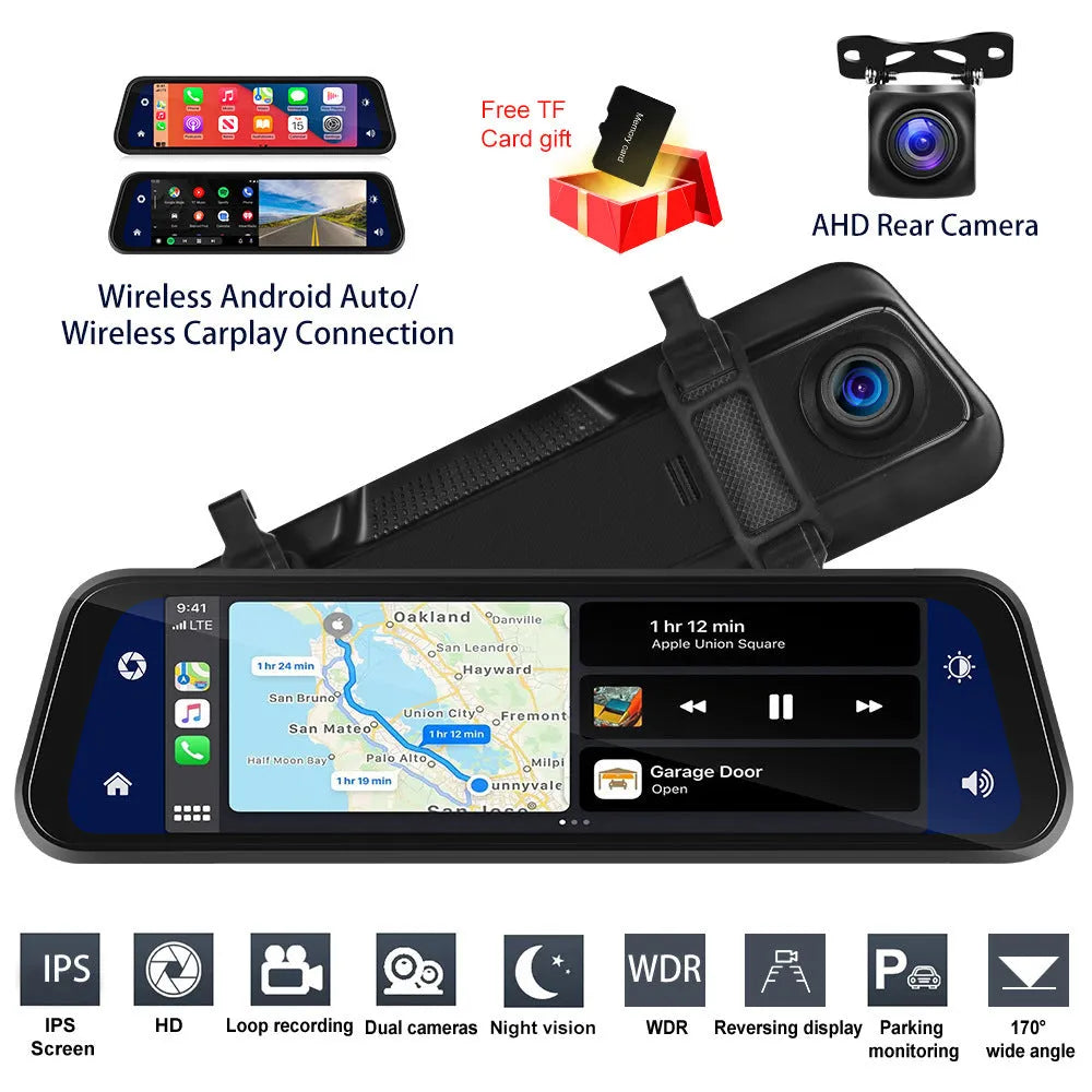 9.66-inch HD in-mirror driving recorder monitor with dash cam and waterproof rear view camera kit.
