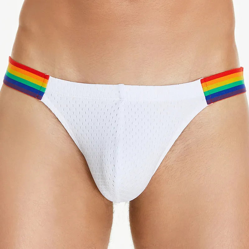 Men's low waist briefs with rainbow waistband and nylon mesh fabric
