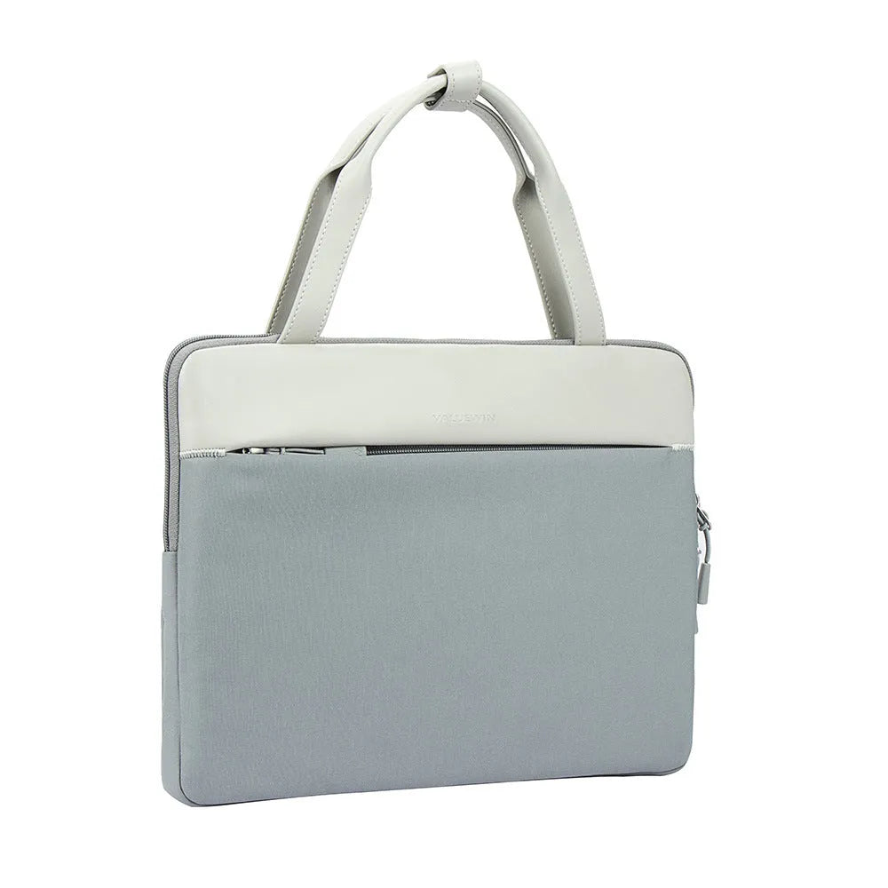 Waterproof polyester laptop sleeve 14.2 inch in light gray with soft handle and zipper pocket