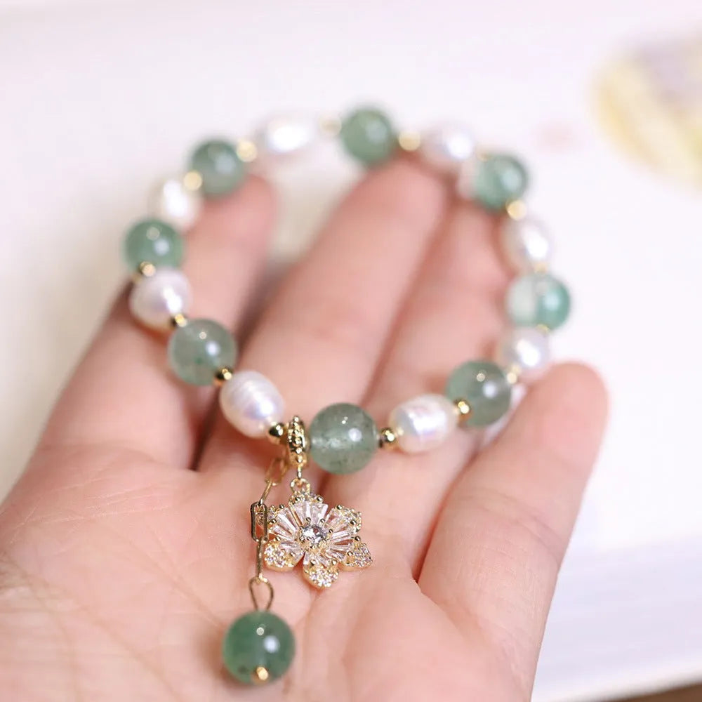 Green freshwater strawberry pearl bracelet with Chinese knot and peace buckle closure