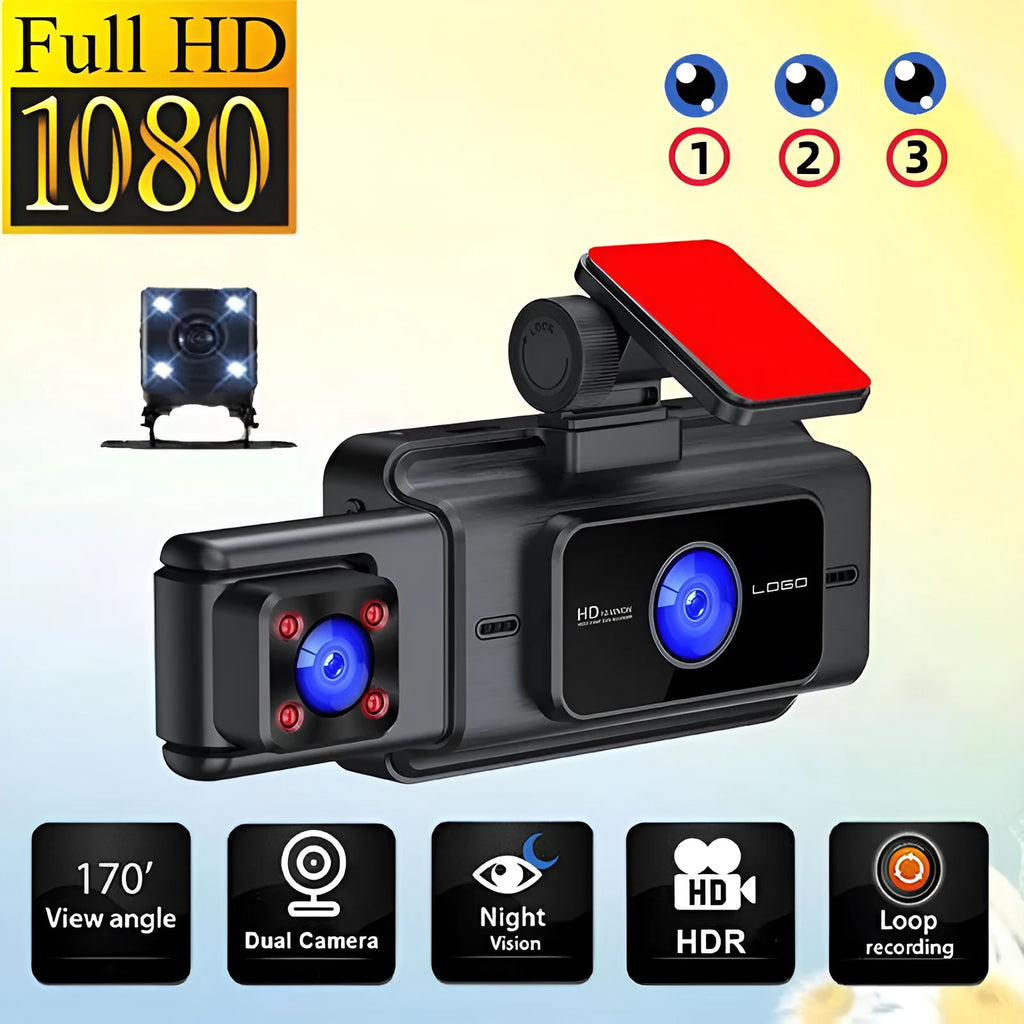 Black three-lens dashboard camera for front windshield mounting with a 3-inch screen