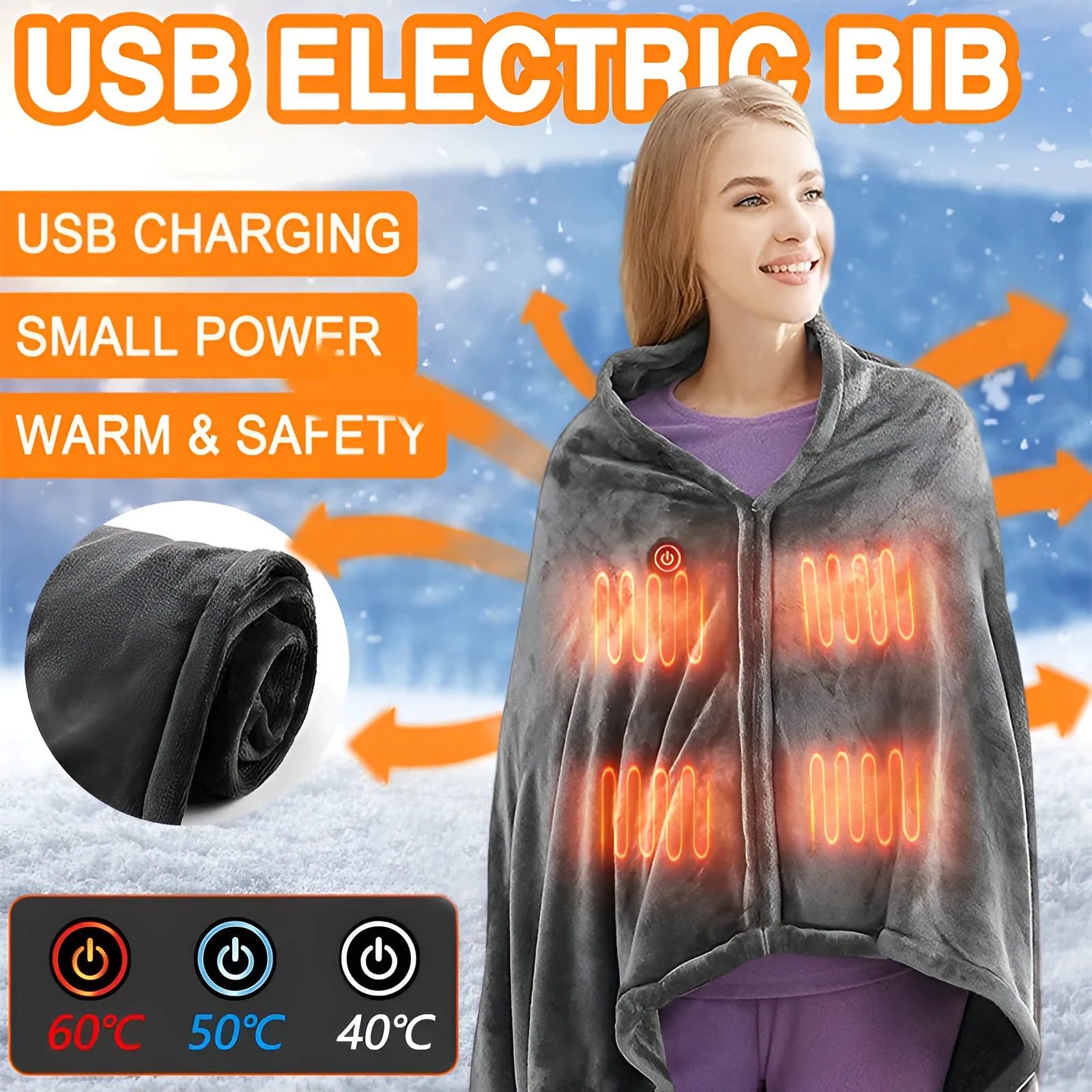 Grey coral fleece USB heated blanket showing carbon fibre heating elements and control button.
