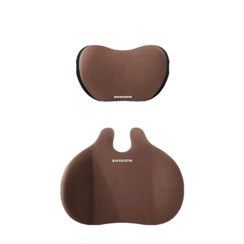 Automotive headrest and lumbar support pillow set with cow head design in cloth covers