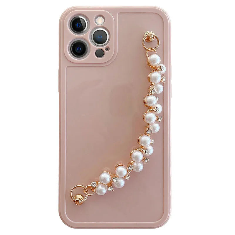 Rhinestone pearl bracelet silicone phone case for iPhone, pink and white colours, decorative design