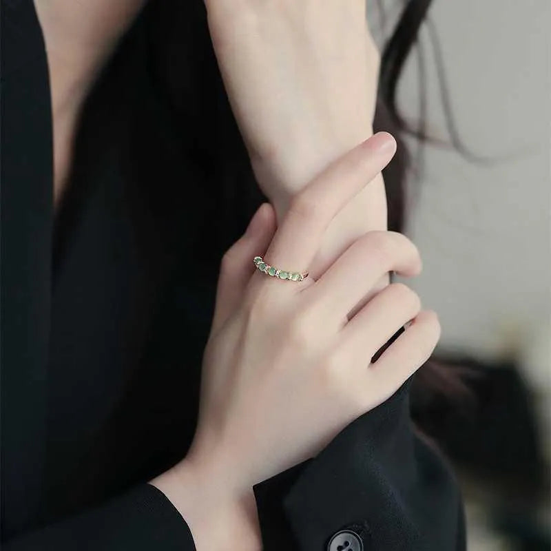 Geometric green cat eye ring for women in gold finish on copper base