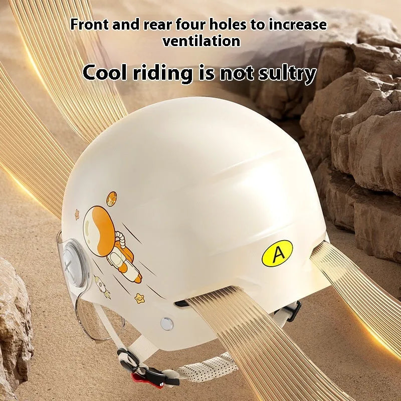 Khaki coloured motorcycle half-helmet for adults with integrated tinted glasses on a stand.