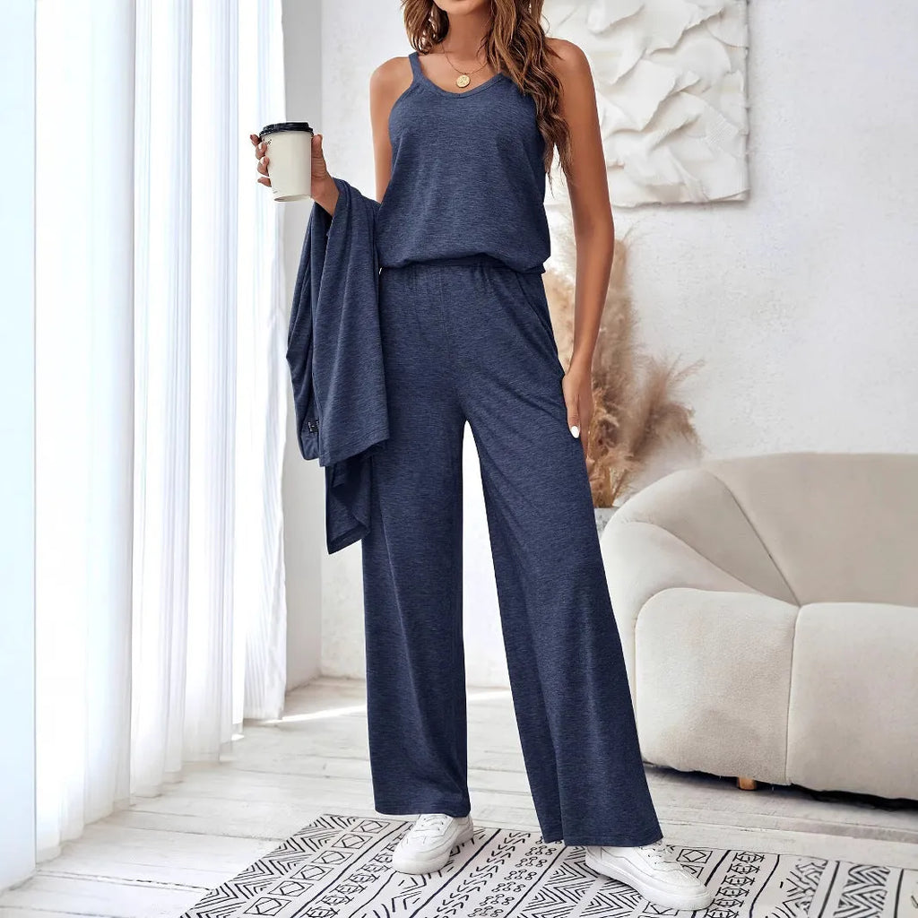 Blue women's three-piece casual suit with sling top, long cardigan, and trousers on a hanger.