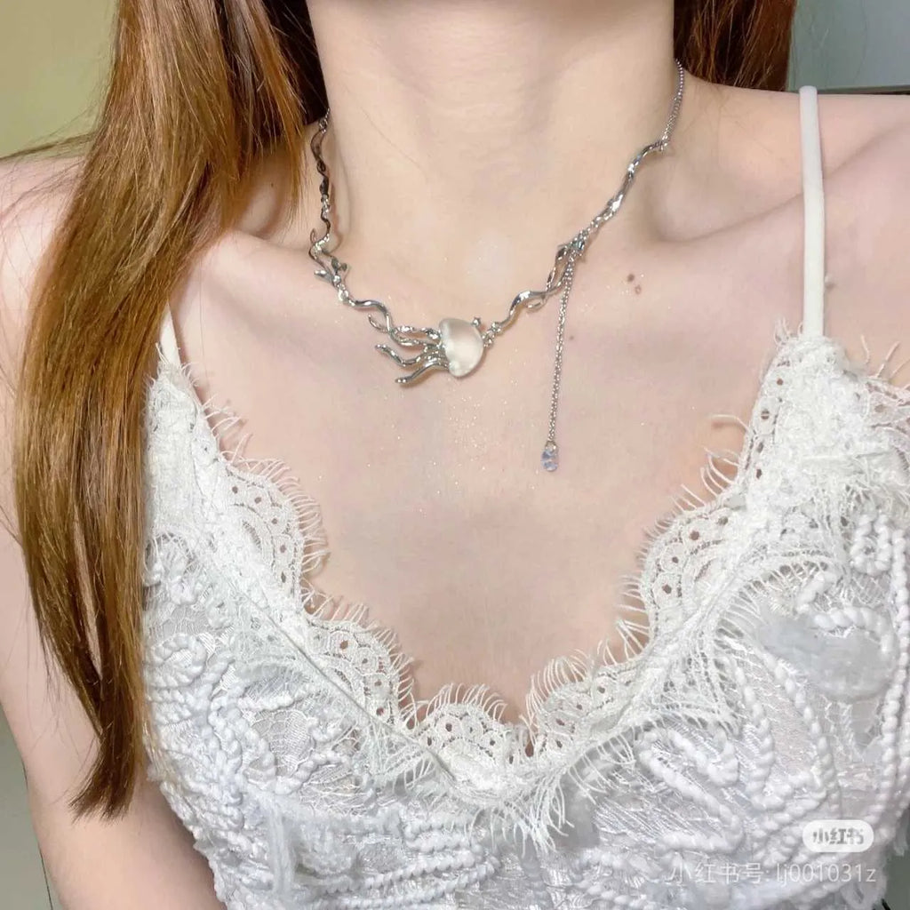 Frosted deep-sea jellyfish necklace and earrings with 30mm to 35mm pendant and under 10cm extension chain