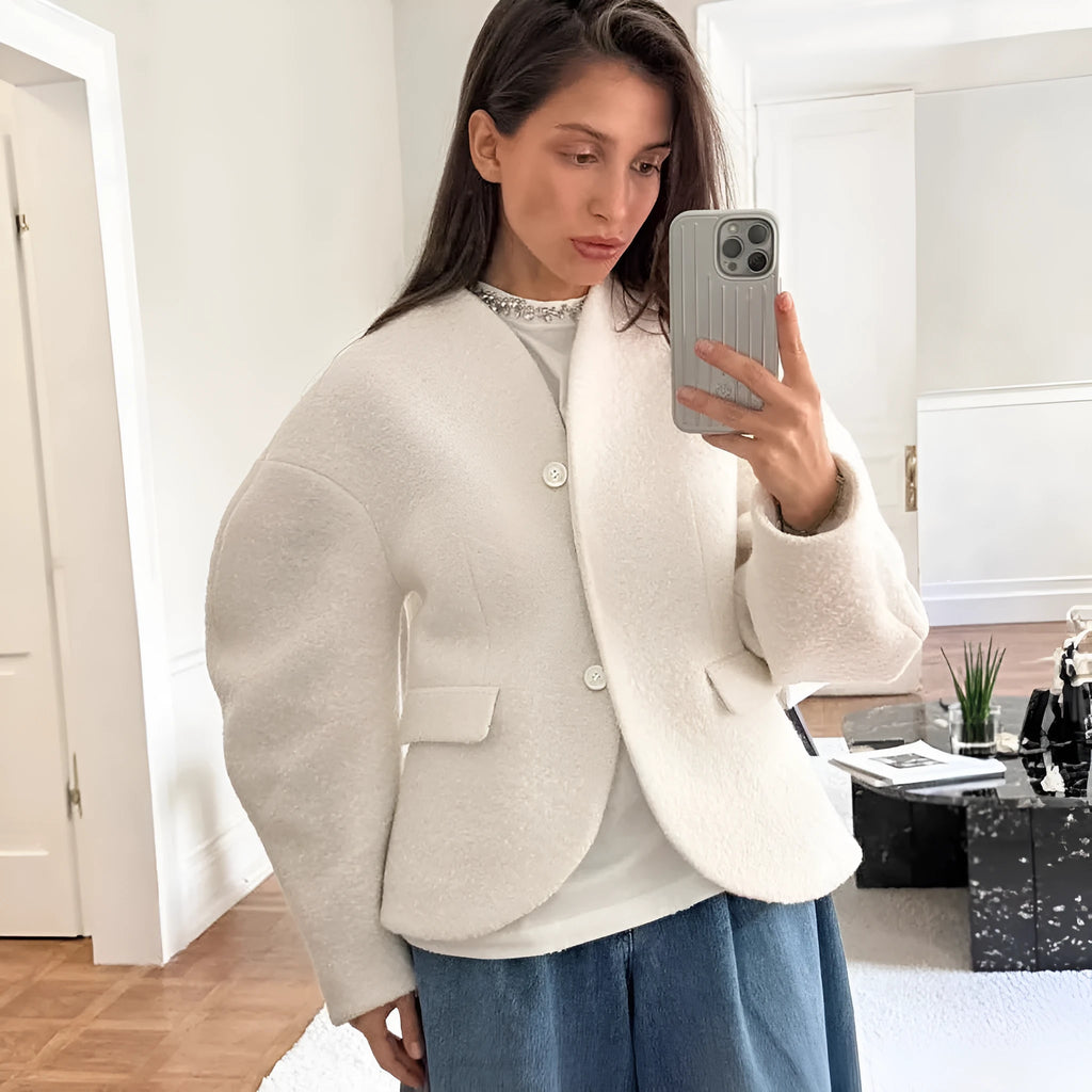 Women's thick woolen coat solid white with raglan sleeves loose fit commuting style 100% polyester