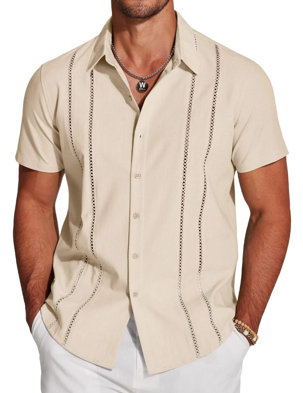 Man wearing a slim fit digital print Hawaiian short sleeve shirt in an elastic fabric
