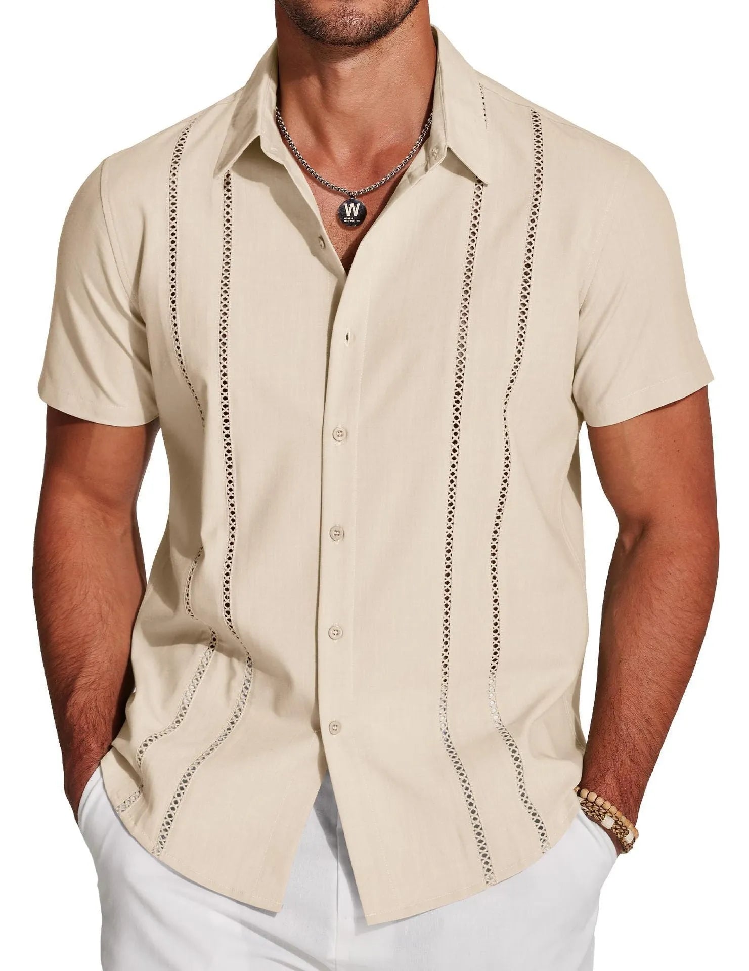 Man wearing a slim fit digital print Hawaiian short sleeve shirt in an elastic fabric