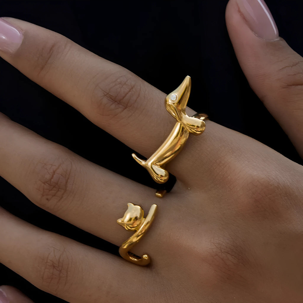 Niche design stainless steel ring with cat and dog geometric shape for women, electroplated finish, multiple colour options