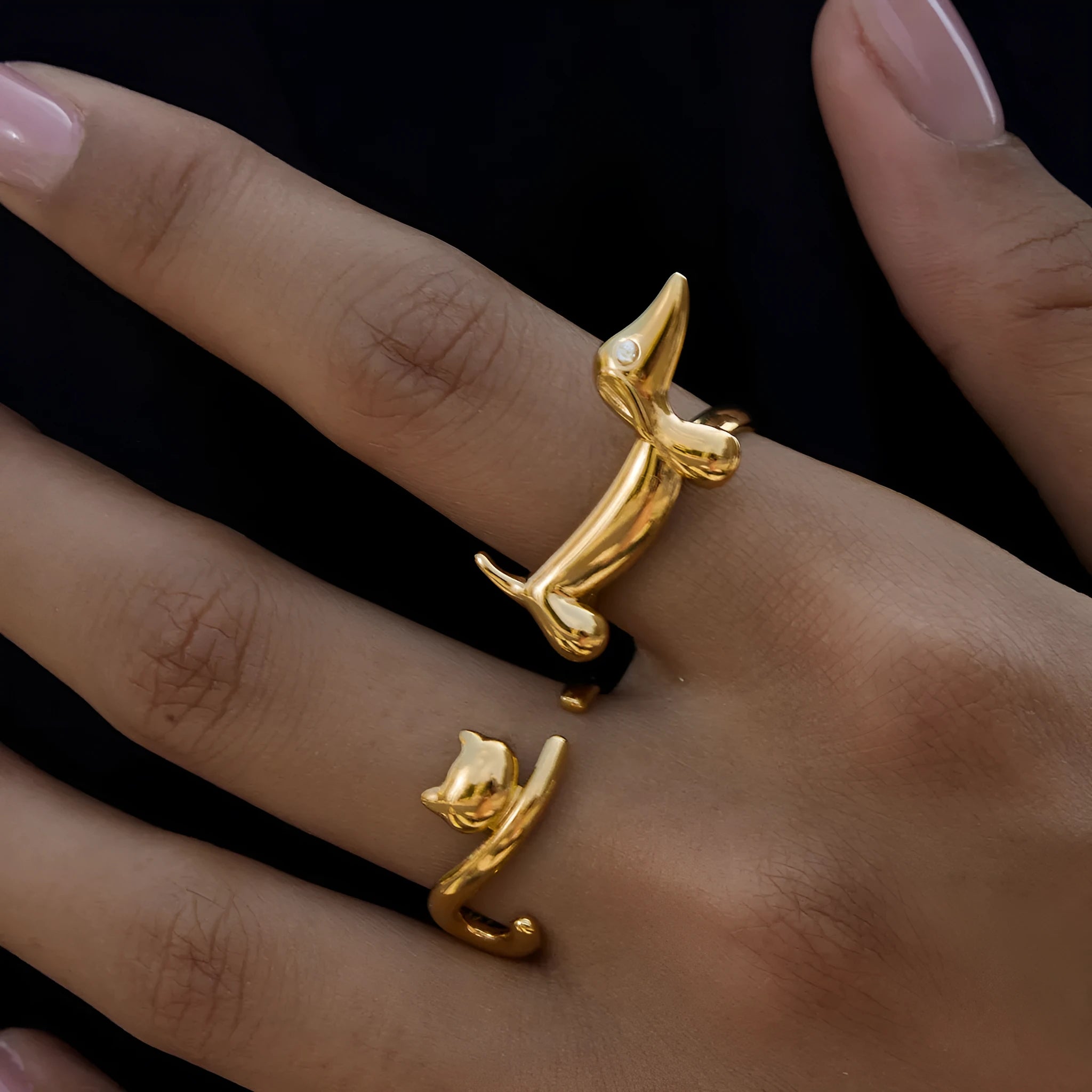 Niche design stainless steel ring with cat and dog geometric shape for women, electroplated finish, multiple colour options