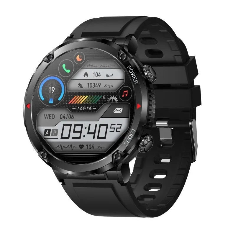 Black T30 smart watch with a silicone strap on a wrist, showing the IPS touchscreen display.