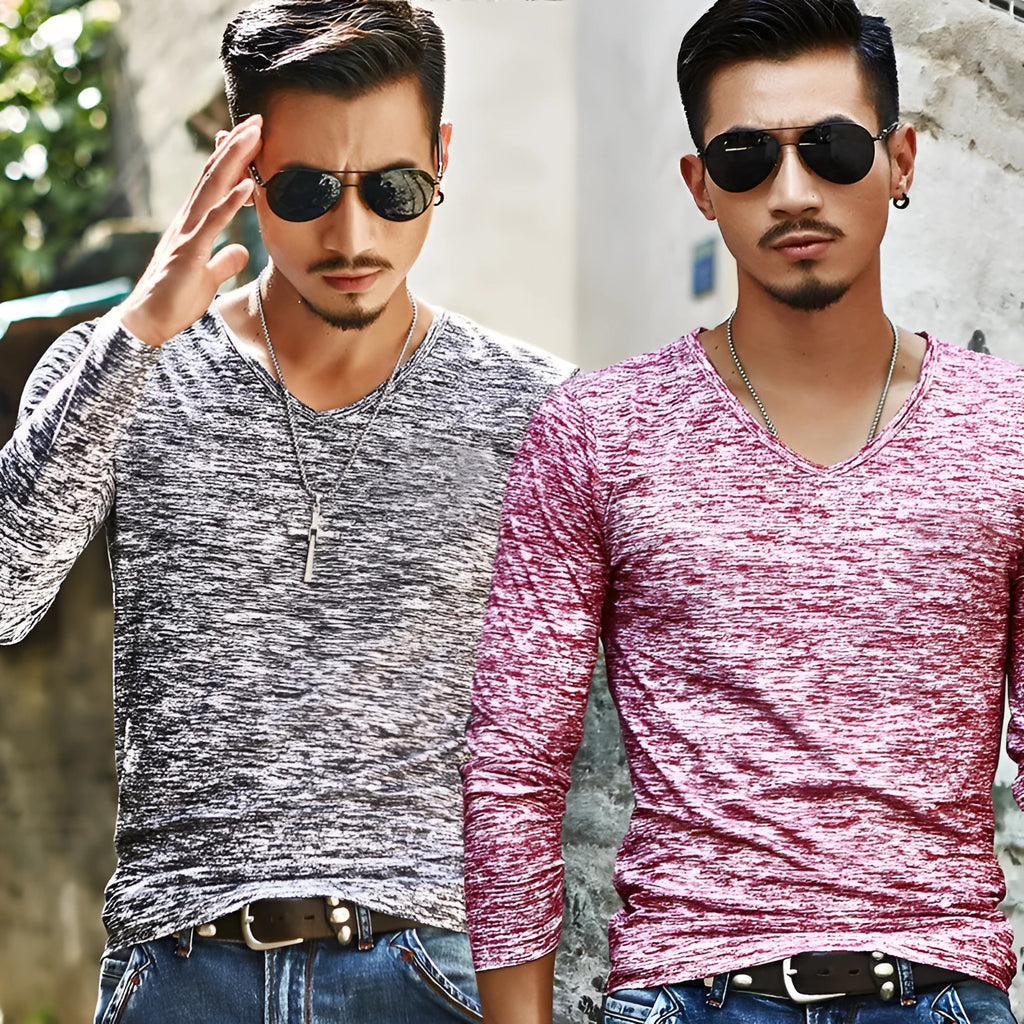 Men's long sleeve slim fit round-neck T-shirt in beige, black, blue, green, red options sizes M to 3XL for spring autumn