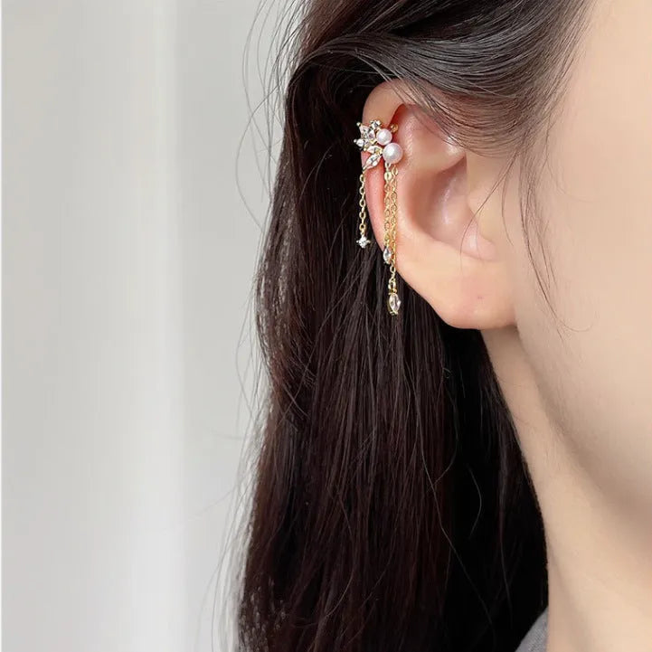 Pearl tassel ear clips in yellow gold or white gold colour with brass base and geometric shape